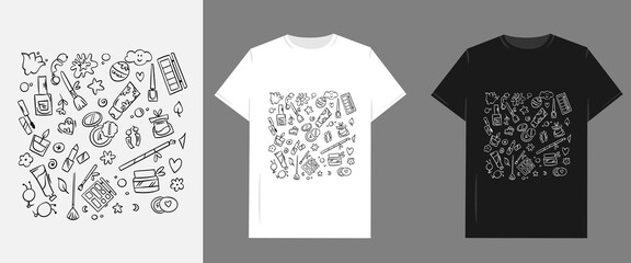 Vector graphic illustration for T-shirt. Girl doodle line art things. Cosmetics and other.
