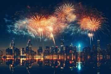 Fototapeta na wymiar Colorful and Captivating Fireworks Illuminating the Cityscape. Generative AI