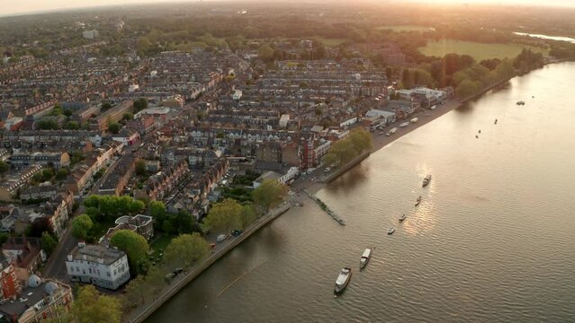 Aerial shot over Putney Embankment riverside boat club