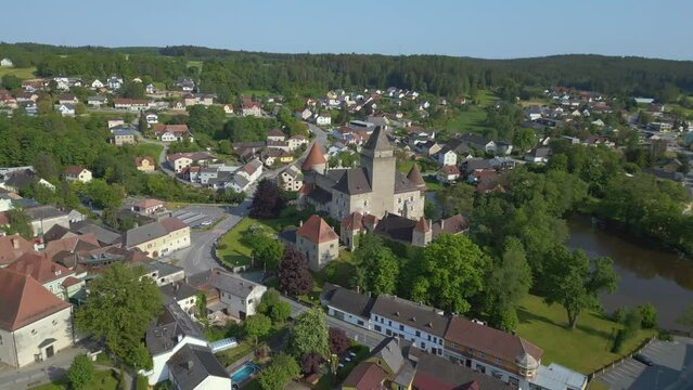 Beautiful aerial top view flight 
Austria Heidenreichstein castle in Europe, summer of 2023. speed ramp Hyperlapse motionlapse timelapse
4K uhd cinematic footage.