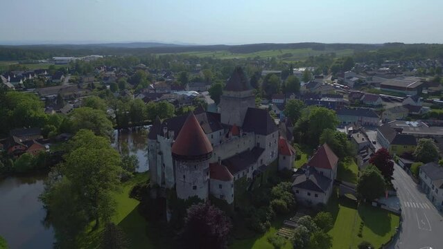 Nice aerial top view flight 
Austria Heidenreichstein castle in Europe, summer of 2023. panorama overview drone
4K uhd cinematic footage.