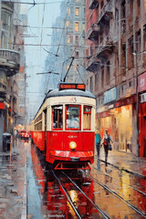 Plakat A painting of a red and white trolley on a city street. Generative AI.