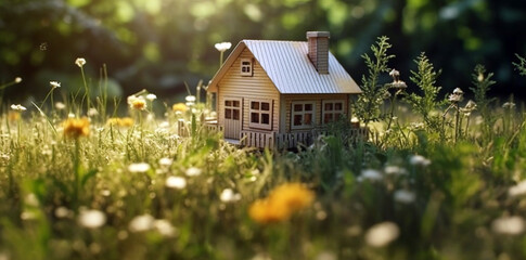 A toy house on the grass in the sunlight. Concept of dream home, credit, mortgage. Generated by AI.