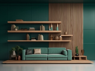 Beautiful interior design in green and turquoise tones. Generated by AI.