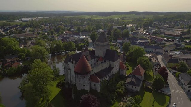 Fantastic aerial top view flight 
Austria Heidenreichstein castle in Europe, summer of 2023. static tripod hovering drone
4K uhd cinematic footage.