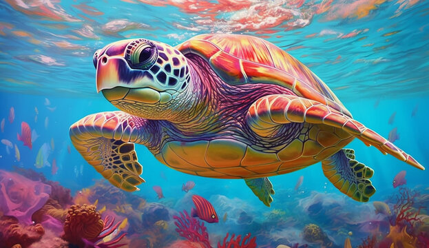 A beautiful underwater world. A turtle swimming in neon colors in the ocean amidst corals and fish. Generated by AI.