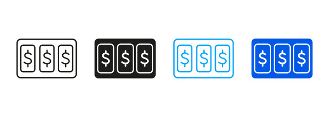 Gambling, Lottery, Game for Money Black and Color Symbol Collection. Gamble Slot Machine Sign. Jackpot in Slot Machine Line and Silhouette Icon Set. Casino in Las Vegas. Isolated Vector Illustration