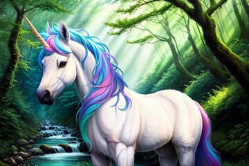 Obraz na płótnie Canvas Unicorn in a beautiful mystical forest. Fantasy Art. Digital Painting. Generative AI.