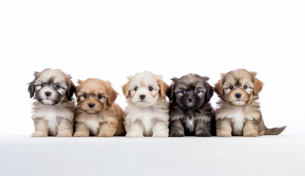 Shih Tzu puppies sitting in a row on a white background. Long format banner. Generated by AI.