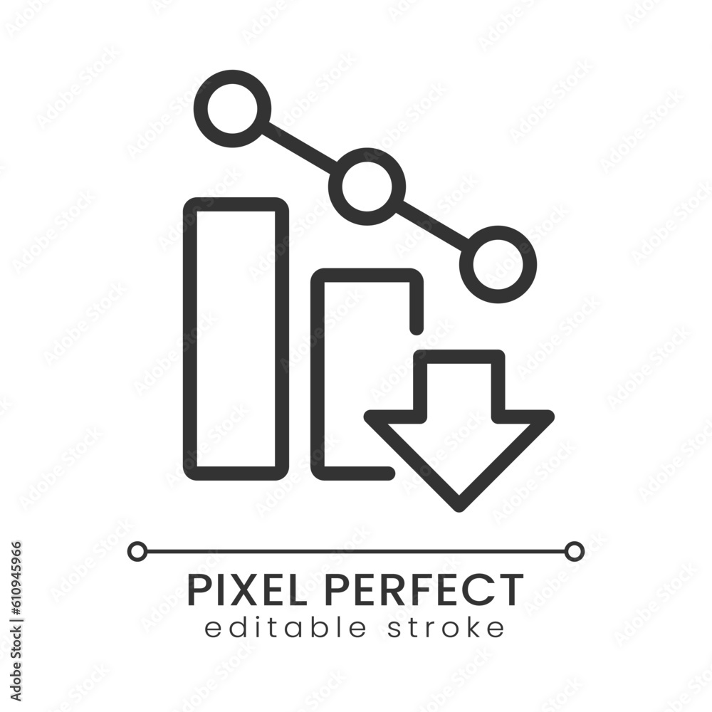 Poster falling arrow pixel perfect linear icon. poor performance. business forecast and prediction. thin li