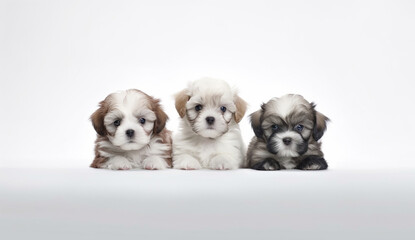 Shih Tzu and Maltese puppies sitting in a row on a white background. Long format banner. Generated by AI.