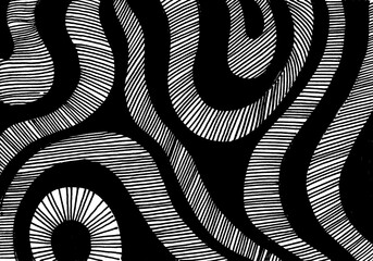Abstract black and white background of curved rounded lines and strokes. Black stripes. Black strokes on white stripes. Waves.