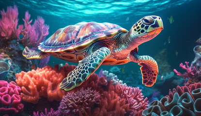Fototapeta premium A beautiful underwater world. A turtle swimming in neon colors in the ocean amidst corals and fish. Generated by AI.