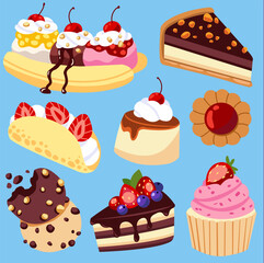 set of cakes and desserts