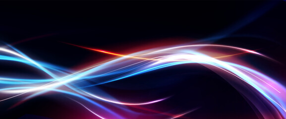 Abstract futuristic background with neon light effect. Shiny moving lines design element. Abstract neon color glowing lines futuristic background, horizontal light rays. Futuristic technology. Vector 