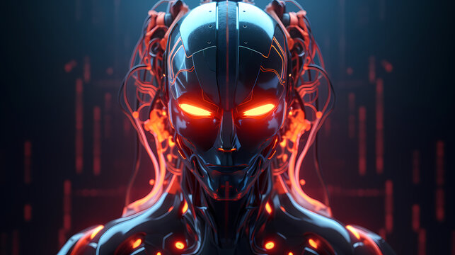 3D Render Visualization of artificial intelligence, AI, Robot Head with shiny neon eyes on a dark background. Generative AI