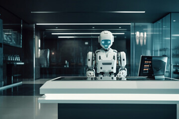High-tech humanoid hotel in hospitality industry, receptionist robot assistant in lobby hotel or airports for customer service, information provision. Concept of high-tech assistant. Generative AI