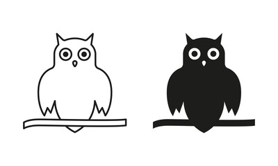 Spooky Owl with Round Eyes Line and Silhouette Black Icon Set. Owl Symbol of Halloween and Wisdom Pictogram. Wise Night Bird Sitting on Tree Branch Symbol Collection. Isolated Vector Illustration