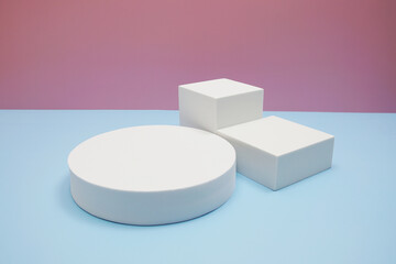 Podium display scene stage showcase front view with copy space on pink and blue background