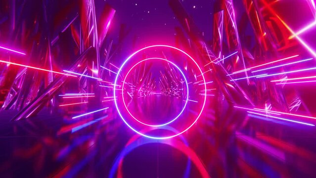 Abstract neon background with defocusing at the edges. Neon circle and lines move in space. Reflection. Futuristic background. Neon traffic. cyclic animation in 3D 4K 