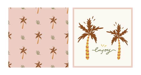 Tropical boho collection. Hand drawn vector beach set. Enjoy typography slogan. Retro seamless pattern with palm tree and palm leaves. - obrazy, fototapety, plakaty
