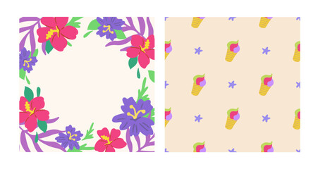 Summer colorful collection. Hand drawn groovy vector set. Tropical wreath. Retro seamless pattern with ice cream, starfish