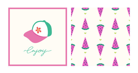 Summer trendy collection. Hand drawn vector y2k baseball cap card and colorful pattern set. Enjoy typography slogan. Colorful seamless pattern with watermelon slice and hearts