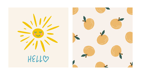 Summer cute collection. Hand drawn retro vector sun card and pattern set. Hello typography slogan. Exotic seamless pattern with oranges