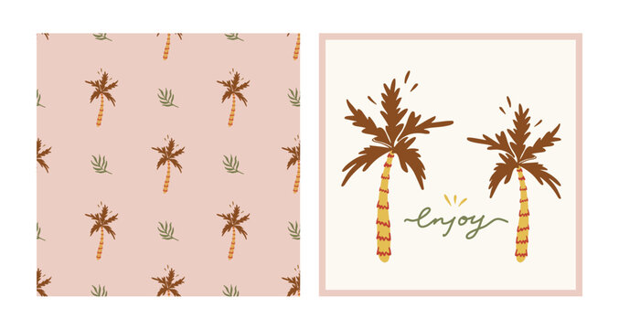 Tropical boho collection. Hand drawn vector beach set. Enjoy typography slogan. Retro seamless pattern with palm tree and palm leaves.