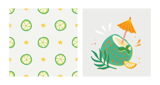 Summer cocktails collection. Hand drawn coconut cocktail vector set in risoprint style. Colorful seamless pattern with lime slice, yellow flowers