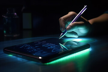 Business hand signing contract on digital smartphone screen. Digital signature contract, concept of signing online document in application, created with Generative AI