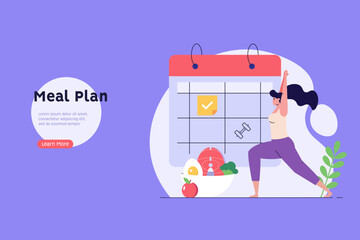 Diet plan illustration. Woman planning diet with calendar and fresh vegetable. Meal plan, nutrition consultation, balance diet. People control weight. Vector flat cartoon design for web banners, UI - obrazy, fototapety, plakaty