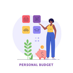 Personal budget illustration. Woman forms the family budget, divides items of expenditure. Concept of budget, finance control, date, finance, personal budget, family money. Vector flat cartoon design