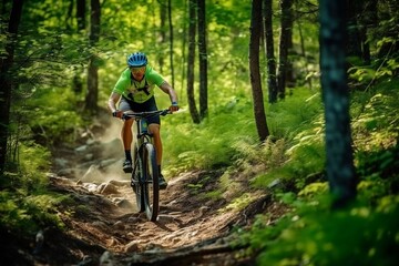 Fototapeta na wymiar Mountain Biker Riding the Trail in Greenery. Generative AI