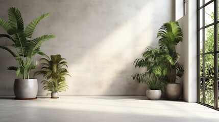 Blank concrete wall in modern empty room with tropical plant background, illustration for product presentation template, copy space wallpaper. Ai generative