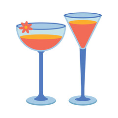 Dishes. A set of glass, cocktail, wineglass with a drink.