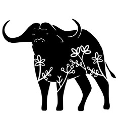 Bull, buffalo. Vector animal with floral element. Illustration. Animal silhouette. Black isolated silhouette