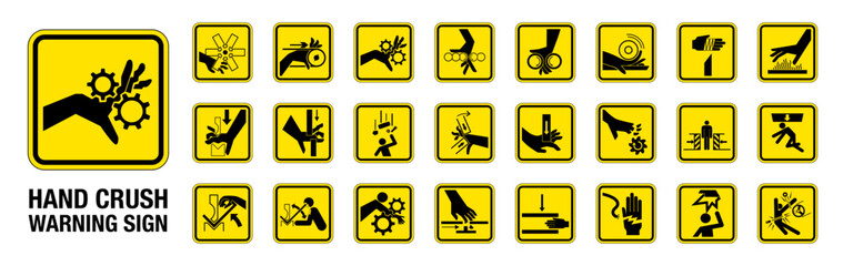 Set of 24 isolated Hand Crush Force hazardous symbols on yellow round square board warning sign