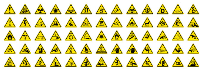 Big Set of 65 isolated hazardous symbols on yellow round triangle board warning sign - obrazy, fototapety, plakaty