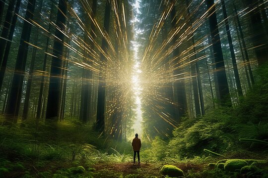 Man Enjoying Sunlit Lush Forest - AI Generative