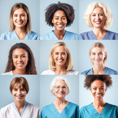 Fototapeta premium Collage of smiling nurses portraits of different ethnicities promoting diversity and encouraging inclusive empowerment in the workplace. Generative AI.