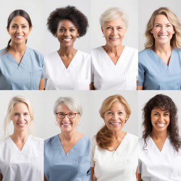 Collage of smiling nurses portraits of different ethnicities promoting diversity and encouraging inclusive empowerment in the workplace. Generative AI.