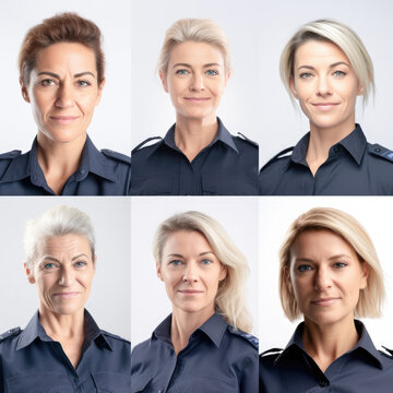 Collage of smiling police women portraits of different ethnicities promoting diversity and encouraging inclusive empowerment in the workplace. Generative AI.