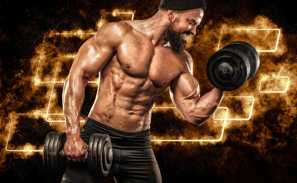 Gym concept in neon lights. Sports betting on bodybuildong. Download banner for sports website design. Image for fitness training and nutrition program design. Man bodybuilder.