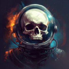 Dead astronaut. Skull in space suit on dark background. Digital art. Generative ai.