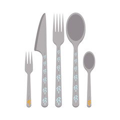 Dishes A set of kitchen utensils, fork, spoon, knife.