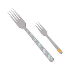 Dishes A set of kitchen utensils, a fork, a dessert fork.