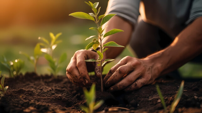 Concept of Sustainability, hands planting trees. Generative AI