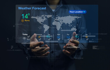 The user's hand check the weather forecast on screen checking the weather during the day, such as...