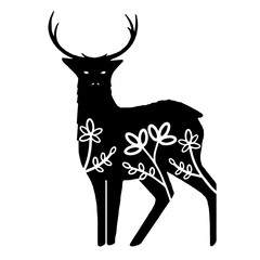 Deer, Roe deer, Elk. Vector animal with floral element. Illustration. Animal silhouette. Black isolated silhouette